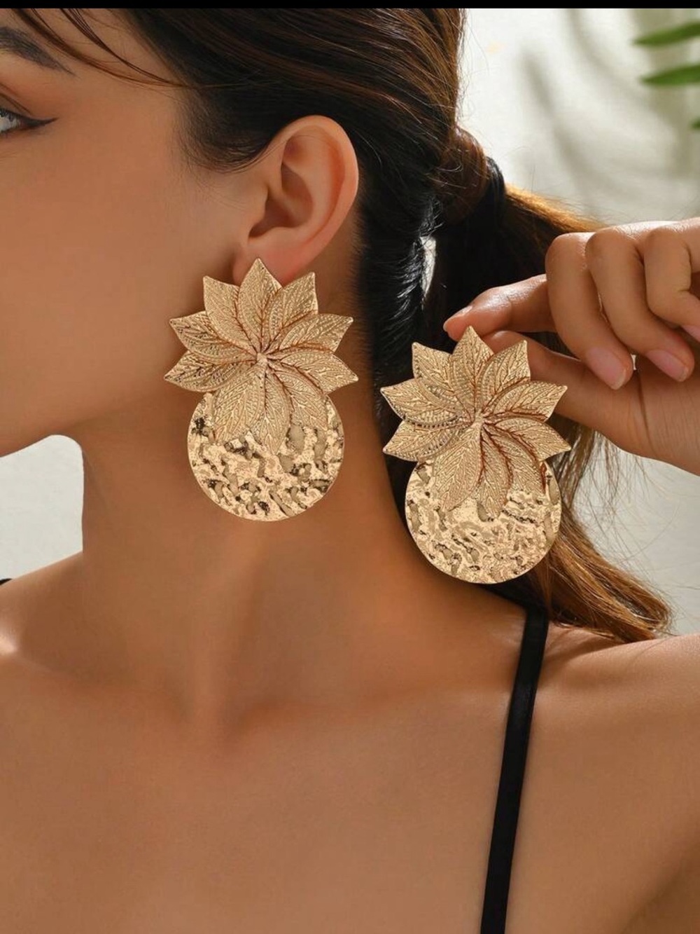 Gold Floral Statement Drop Earrings - Elegant Women's Jewelry